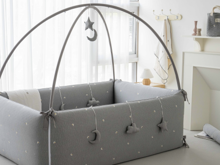 LOLBaby Cotton Embroidery Bumper Bed with Hanging Toy and Canopy - Moon Star Grey (PO Late Feb 25) Discount